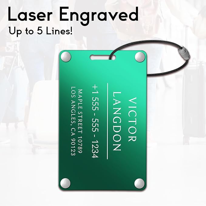 Personalized Luggage Tags for Suitcases - Aluminum Custom Luggage Tags for Backpacks & Bags, Sturdy, Waterproof & Heavy Duty (Green/Card-Sized)