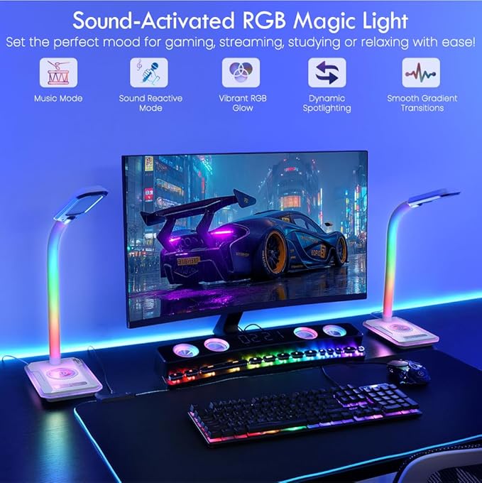 RGB Gaming Desk Lamp with Music Sync,Dimmable LED Lamp with Wireless Charging Station,USB Charging Port,Color Changing Touch Control Light for Gamer Room Decor,Reading,Office,Gift Ideas