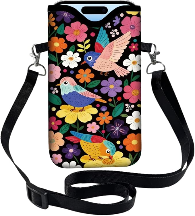 Floral Phone Pouch Phone Crossbody Sleeve Birds Colorful Nylon Neoprene Waterproof Cellphone Bag Case with Strap Neck Lanyard Protective Carrying Cover Fits Most Smartphones 7.1 x 3.9 Inch