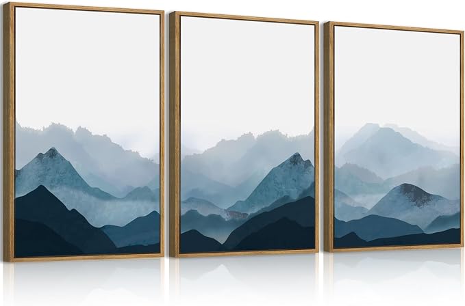 BINCUE Framed Blue Mountain Wall Decor Fog Blue Ridge Mountains Wall Art for Living Room Bedroom Office 16x24 Inches Set of 3