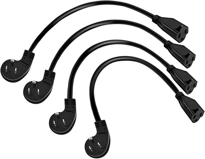 Miady Flat Plug Extension Cord 1 Ft, 90 Degree Plug Adapter, 3 Prong Grounded Wire Short Flat Wall Power Cable Black ETL Listed (4-Pack, 13 Amp, 125 Volts, 1625 Watts)