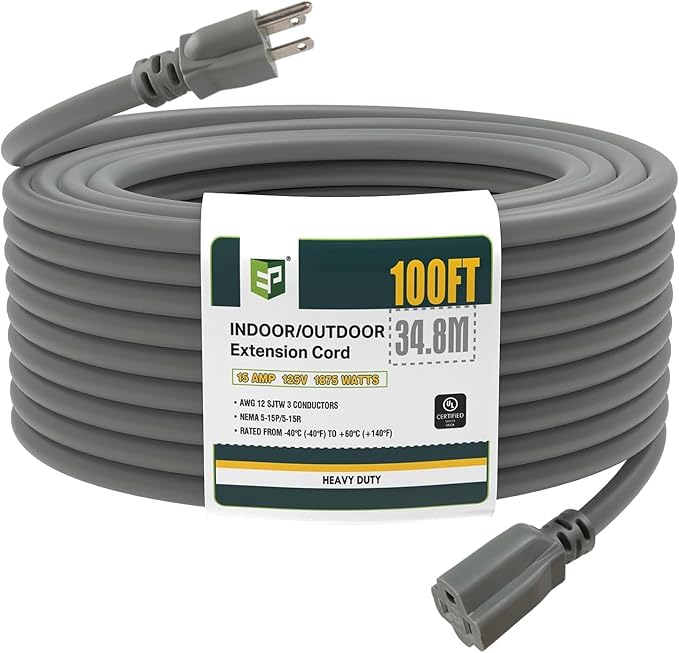 EP 12/3 100 FT Indoor Outdoor Grey Extension Cord Waterproof, 12 Gauge 3 Prong Power Cord Flexible Resistant Appliance Extension Cable Electric Cable Outside, 15A 1875W 12AWG SJTW, ETL Listed