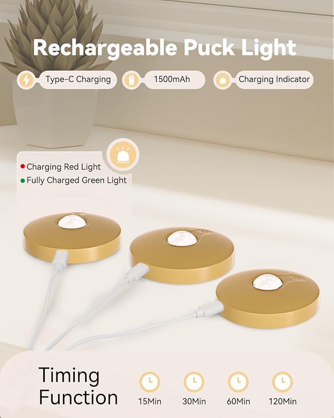 Rechargeable Puck Lights With Remote Control, 1500mAh Battery Operated Tap Lights, Dimmer & Timer Under Cabinet Light, Wireless LED Stick-On for Closet, Bedroom, Kitchen - Gold 12Pcs