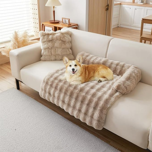 Calming Dog Bed Mat, Fluffy Fuzzy Couch Cover for Sofa, Winter Thickened Pet Mat with Anti-Slip Bottom Warm Soft Cushion Washable Pet Bed for Small Dogs and Cats (Khaki, 75x75cm/29.5x29.5in)