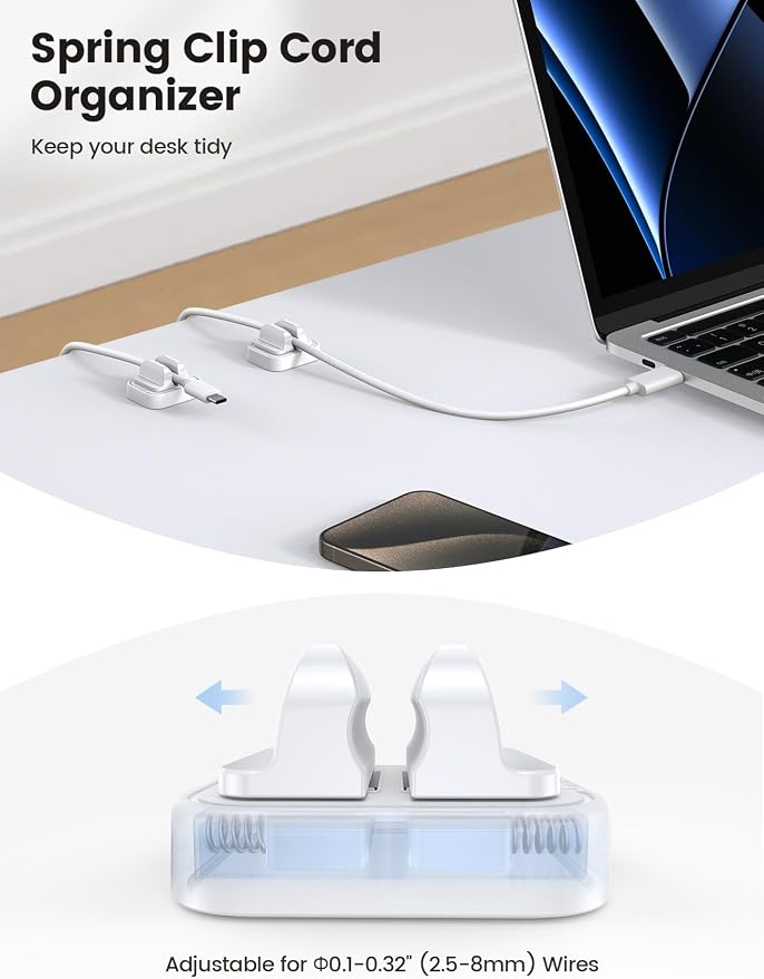 Lamicall 5 Pack Spring Fixed Cord Holder Clips, Desk Cable Organizer | Adjustable Cable Management, Workspace Organizer & Accessories, Adhesive Wire Clips for Nightstand, White