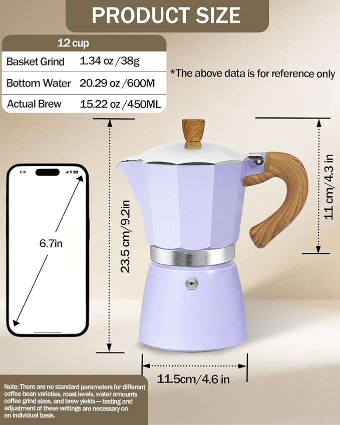 Coffee Maker Stovetop Espresso Maker 12 Cup Aluminum Moka Pot Percolator 20oz 600ml Easy Brewing for Electric Ceramic Stoves Home Camping Italian Cuban Café Classic Purple
