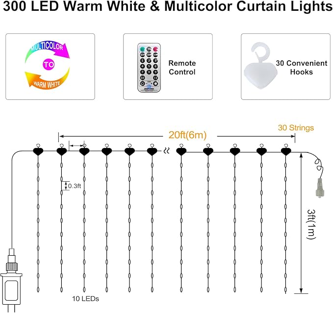 ZAIYW Curtain Lights Outdoor 20Ft×3Ft, 300 LED Color Changing Fence String Lights with Plug Remote, Waterproof Light Curtain for Stair Railing Eaves Decor (Warm White & Multicolor)
