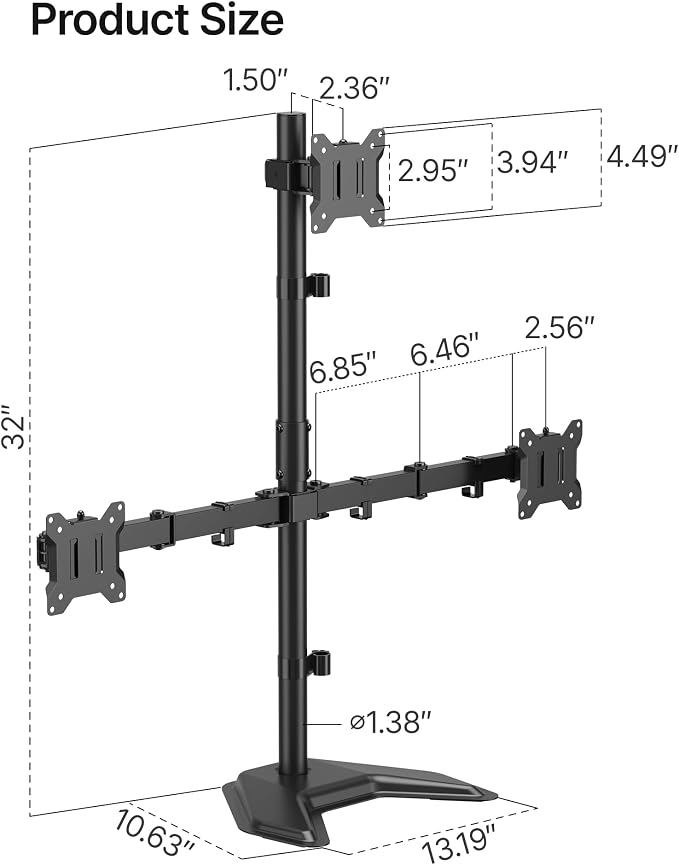 monTEK Freestanding Triple Monitor Stand for 17-32" Screens, 22 lbs Each | Solid V-shaped base, three-screen full-motion arms, height adjustment, tilt, swivel, rotation and VESA 75/100