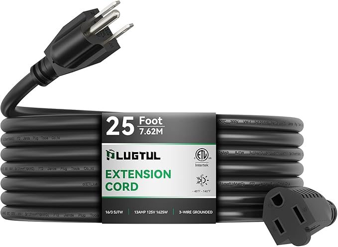 PLUGTUL Outdoor Extension Cord 25 FT Waterproof, 16/3 Gauge Black Heavy Duty 3 Prong Extension Cord, 13A 1625W SJTW, ETL Listed, Great for Garden and Home