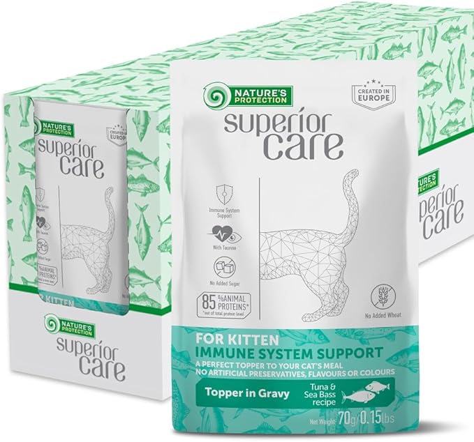Nature's Protection Wet Cat Food in Gravy - High Protein, Natural & Soft Tuna Fish & Sea Bass Shreds - Wet Food for Kittens, Can-Free Convenient Pouches 2.46-oz (Superior Care - 24 Pack)