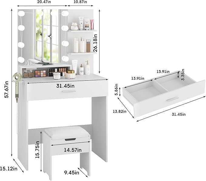 Vabches Small Vanity Desk with Mirror and Lights, Makeup Vanity with Storage Chair & Power Strip,Girl Dressing Table Set with Drawer for Bedroom,3 Lighting Modes,Brightness Adjustable,White