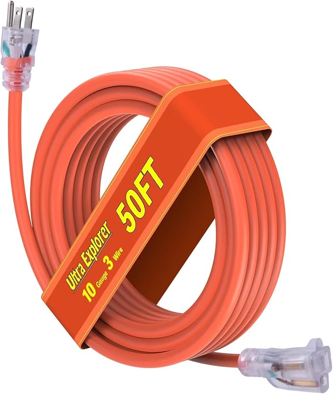 10 Gauge Heavy Duty Outdoor Extension Cord 50 FT, Waterproof Exterior Extension Cable with Lighted, 3 Prong Appliance Power Cord Outside, SJTW, 125 VAC, 15 Amp, 1875 Watts, Orange