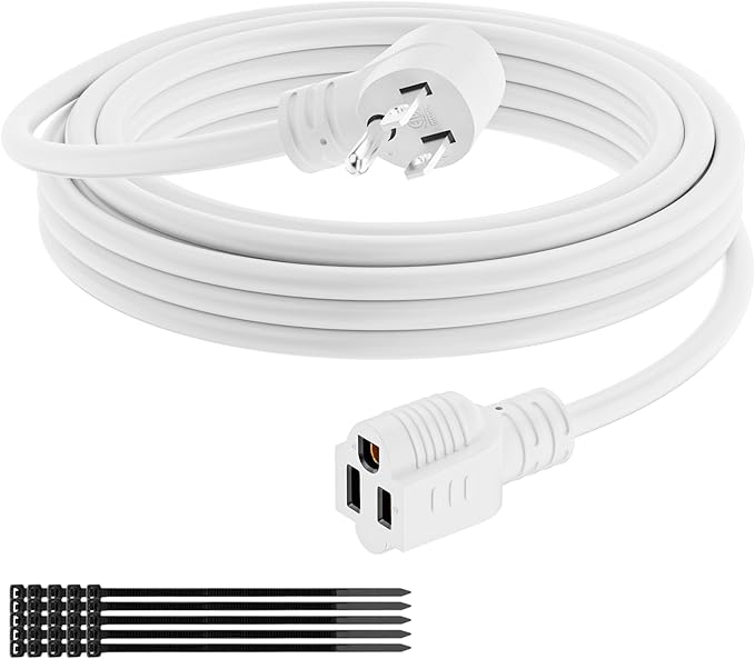 Extension Cord 15 FT, 3 Prong Extension Power Cord, 90 Degree Right Angle Plug Design, 16/3 Gauge Flexible Cold, 13A 1625W 16AWG, Save Space 3 Prong Electric Cord, ETL, White Cable with 25 Cable Ties