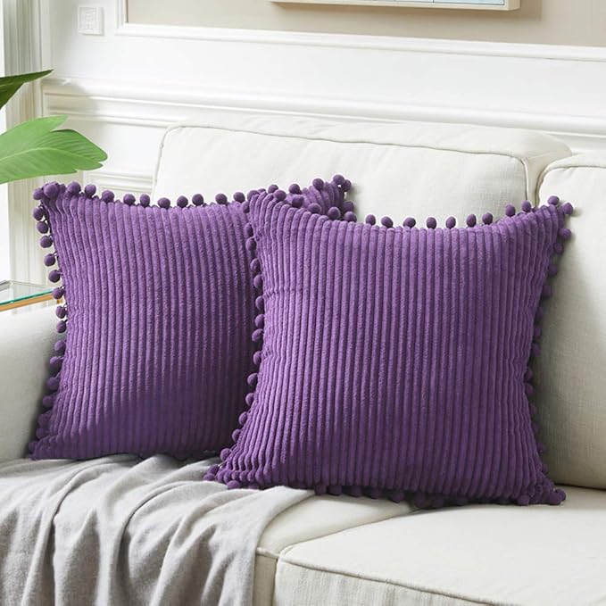 Fancy Homi 24x24 Pillow Covers, Pack of 2 Purple Throw Pillow Covers with Pom-poms, Super Soft Corduroy Square Solid Cushion Cover for Couch Sofa Bedroom Living Room 60x60 cm