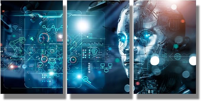 Framed Wall Art Modern Canvas Wall Art 3 Panels Machine Learning, Data Exchange, Industry 4.0 Posters Pictures Print on Canvas for Living Room Bedroom Wall Decoration, 12x16inchx3