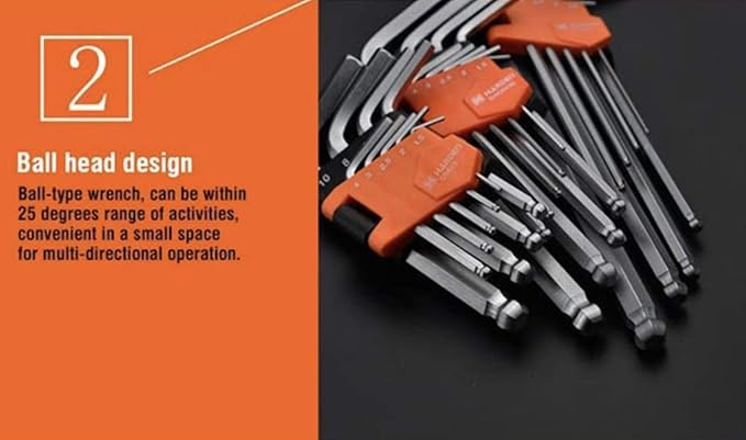 Edward Tools Ball End Hex Key Wrench Set Medium - 9 Piece Heavy Duty CRV Steel - Plastic Organizer Clip - Allen Wrench Ball End Allows up to 25 degree entry angle