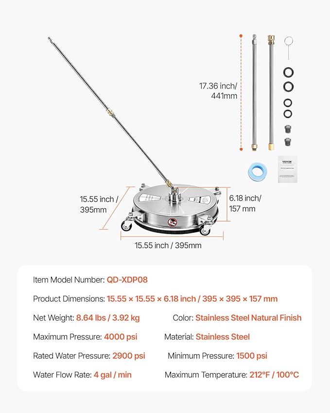 VEVOR 15 Inch Pressure Washer Surface Cleaner, 4000 PSI Stainless Steel Attachment with 4 Wheels, 2 Nozzles, 1/4 Inch Quick Connect and 2 Wands for Concrete, Patio, Deck