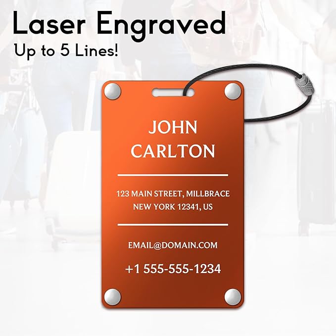 Personalized Luggage Tags for Suitcases - Aluminum Custom Luggage Tags for Backpacks & Bags, Sturdy, Waterproof & Heavy Duty (Orange/Card-Sized)