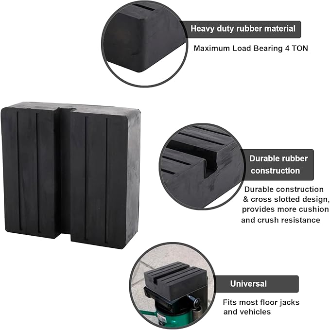Toolly Square Rubber Jack Pad, Anti-Slip Rail Adapter Support Block with Slot, Heavy Duty for Car Lift - 4 TON Load Bearing, Pack of 4