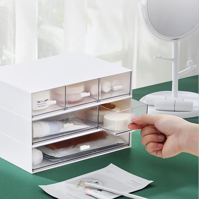 Desk Organizer-3 Tier Stackable Storage Drawers with 6 Compartments White Compact Desk Storage Drawers Great for Makeup Storage Bathroom Organization Accessories Etc (White)