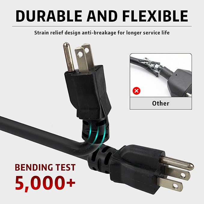 Indoor Outdoor Extension Cord, 12 Gauge 3 Prong Weatherproof Heavy Duty Black Extension Cords, 12/3 SJTW 15A 8 FT Extension Cable for Garage, Garden and Home, UL Listed