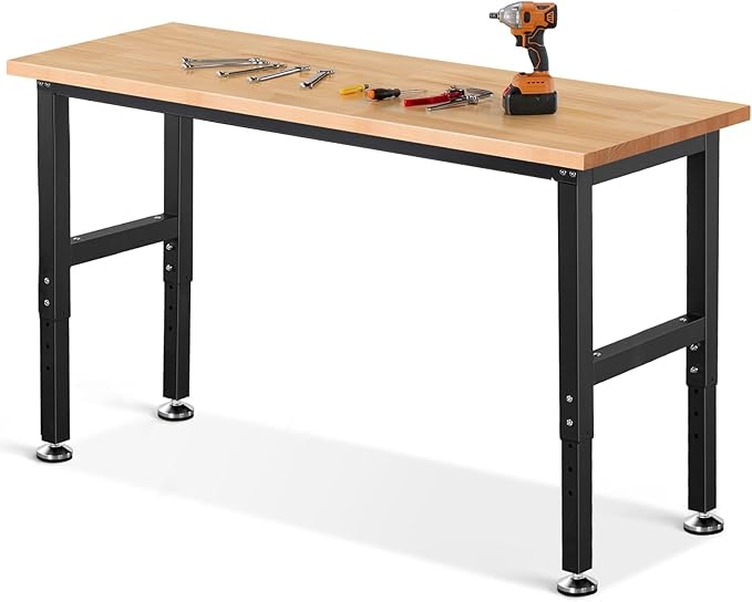 ENJOYWOOD 60" x 22" Heavy Duty Workbench Adjustable Height Garage Work Table with Solid Rubberwood Top for Workshop, Home & Office