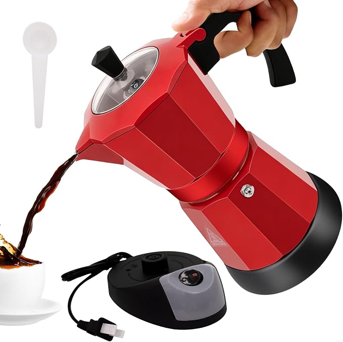 Electric Aluminum Moka Pot 3-6 Cup 150-270ml Espresso Maker | with Detachable Base Ideal Coffee Makers for Home MochaPot Italian and Cuban Café Coffeemaker Espressomaker CoffeePot Red