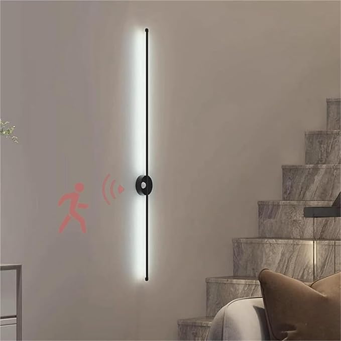 LED Long Strip Wall Lights with Motion Sensor Wall Lamp 3000K/4000K/6000K Wall Modern Simple Aluminum Mounted Indoor Bedside Decoration Light Living Room(Black White Light,120cm)