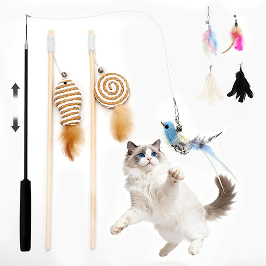 8 Pack Cat Wand Toy Cats Toy (2 Solid Wood Teases+1 Extendable Teaser Wand with 5 Replacement Heads