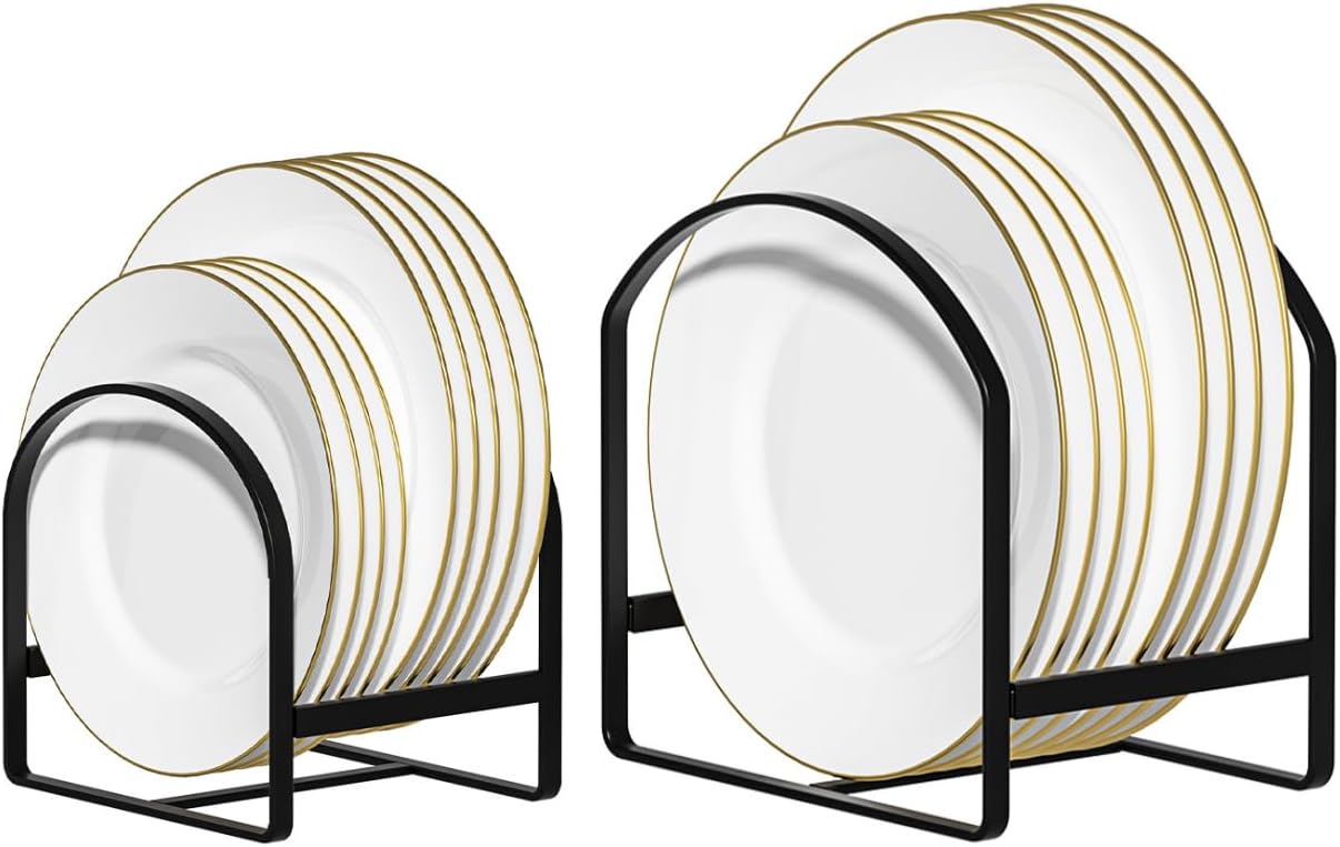 LINFIDITE 2 Pack Kitchen Plate Holder Organizer for Cabinet Space Saver Dinner Plate Storage Rack Upright Dish Drying Racks Metal Dish Stand for Cupboard Countertop Rustproof Black (1 Large 1 Small)