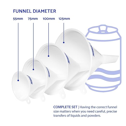 4pc Funnel Nesting Set in BPA Free Plastic for Kitchen Cooking, Car Oil, Home, or Lab Use (White)