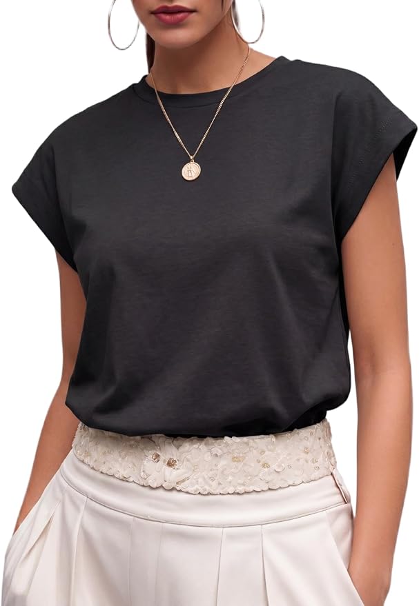 GRECERELLE Womens Summer Tops Cap Sleeve Crew Neck Basic T-Shirt | Everyday Casual Wear, Layering Friendly, Wrinkle-Resistant, Business Casual Ready, Lightweight & Packable, Capsule Wardrobe