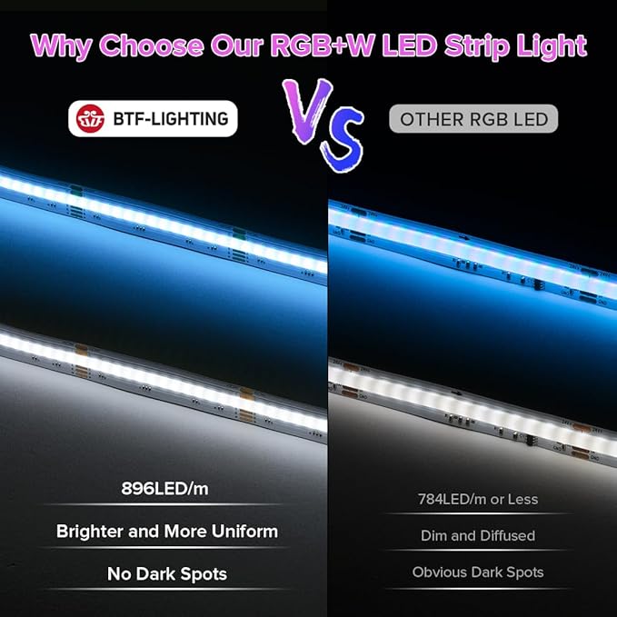 BTF-LIGHTING FCOB COB LED Strip RGBW 3000K 896LED/m 16.4FT DC24V Color Changing Flexible High Density Uniform Light 12mm Width for Home Indoor Decoration(No Adapter or Controller)