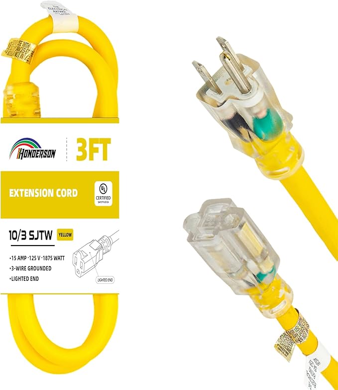 Extension Cord Weatherproof with Lighted End, UL Listed, 10 Gauge 3FT Yellow 3 Prong Heavy Duty, 10/3 SJTW 15A Power Cord for Lights, Lawn