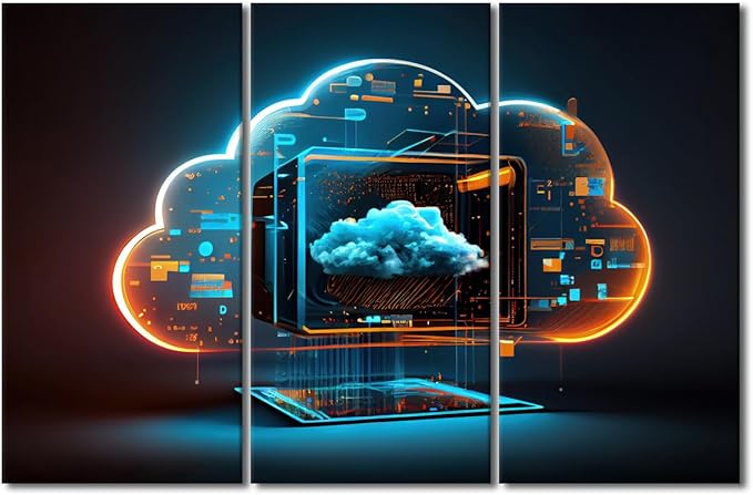 TUMOVO 3 Panels Modern Canvas Wall Art Digital Informational Technology Web Futuristic Hologram With Cloud Print On Canvas for Home Decorations Gallery-Wrapped Ready to Hang, 42" Wx28 H