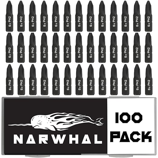 Narwhal Phillips #2 Screwdriver Impact Bits - 1 Inch (Bulk 100 Pack - Industrial Grade) Impact Rated CR-M Alloy Steel PH2 Magnetic Head Bits with Case.