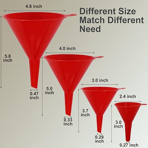 KongNai 4 Pieces Plastic Funnel Set for Kitchen and Automotive Use, Mini, Small, Medium and Large Funnel for Filling Bottles, Canning, Cooking, Lab or Car Oil Funnels (Red)