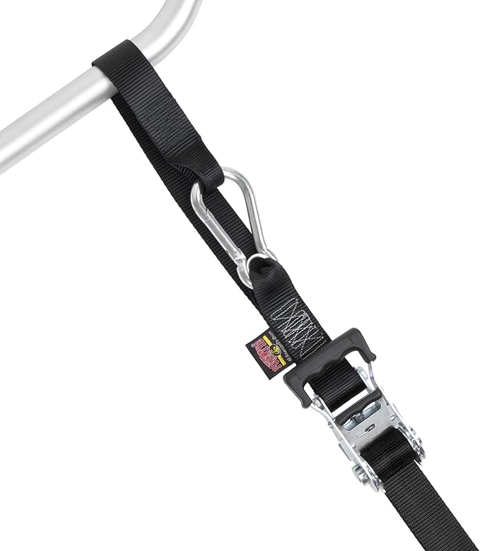 PowerTye 1.5 inch x 10ft Extra Long Ratchet Tie Down Straps, Heavy Duty with Carabiner Hooks, Soft-Tye & Bag, for Motorcycle, ATV & Cargo - 1,000 lb WLL - Made in USA - Black/Black Pair