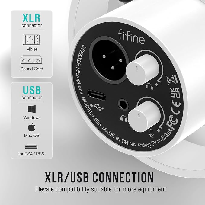 FIFINE AmpliTank K688TW Podcast XLR/USB Microphone Kit, Dynamic Vocal Mic | Studio PC Microphone with Boom Arm, Mute, Headphone Monitoring, for Recording, Streaming, Voice-Over, Online Teaching, White