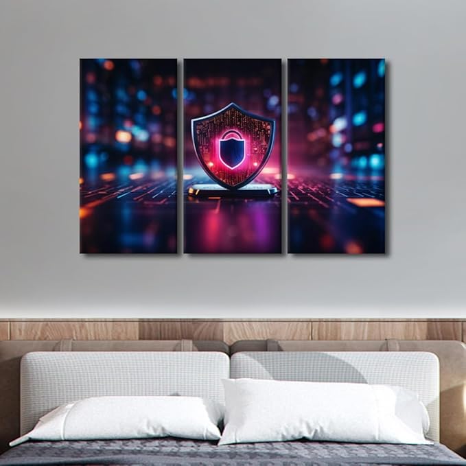 TUMOVO 3 Panel Wall Art for Living Room, Cyber Security and Data Protection Pictures Print On Canvas Artwork for Home Office Wall Decoration, Wooden Framed Ready to Hang, 42" Wx28 H