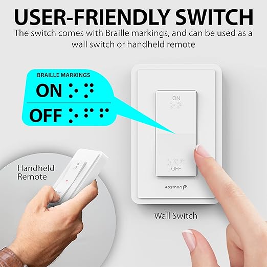 Fosmon Wireless Remote Control Outlet Plug Indoor, Battery Operated Light Switch with Braille On/Off Mark, for Lights, Christmas Tree, No Interference, 15A/1875W, No Wiring & Expandable
