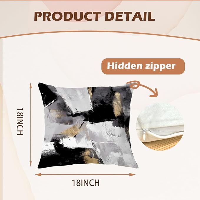 Black and White Pillow Covers, Abstract White Black and Gold Pillow Covers 18x18 Set of 2, Modern Black and White Pillow Covers for Couch Bed Living Room