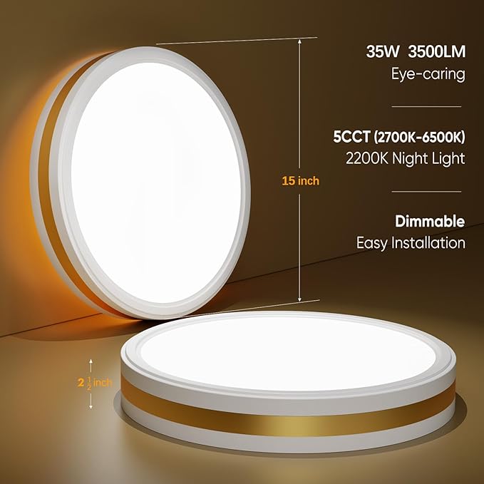 15 Inch Flush Mount Modern White Gold LED Ceiling Light with Night Light, 5CCT 35W 3500LM 2700K-6500K Adjustable, Dimmable Light Fixture for Bedroom Hallway, ETL