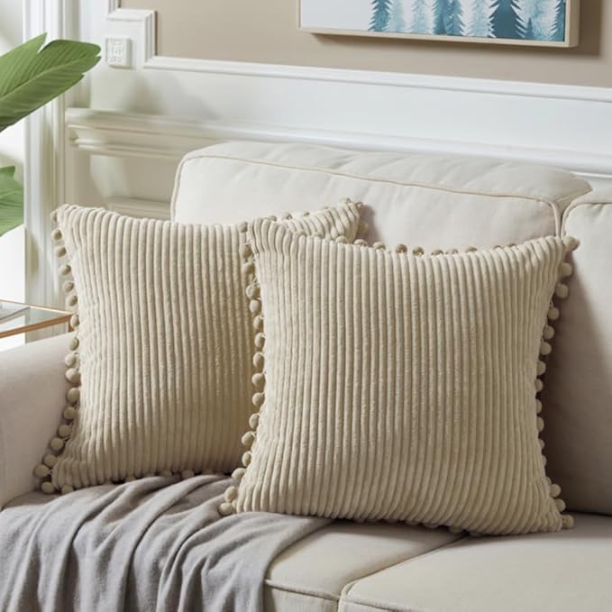Fancy Homi Pack of 2 Tan Boho Decorative Throw Pillow Covers 18x18 with Pom-poms, Soft Corduroy Solid Square Cushion Cases Set for Living Room Couch Sofa Bedroom Car (18x18 Inch/45x45 cm, Khaki)