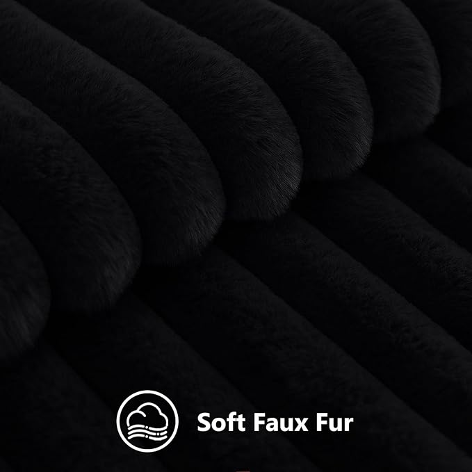 decorUhome Fall Faux Fur Throw Pillow Covers 22x22 Set of 2 Black | Decorative Soft Cozy Striped Plush Modern Farmhouse Boho Couch Pillow Cases Velvet Back for Sofa Bed Living Room Home Decor