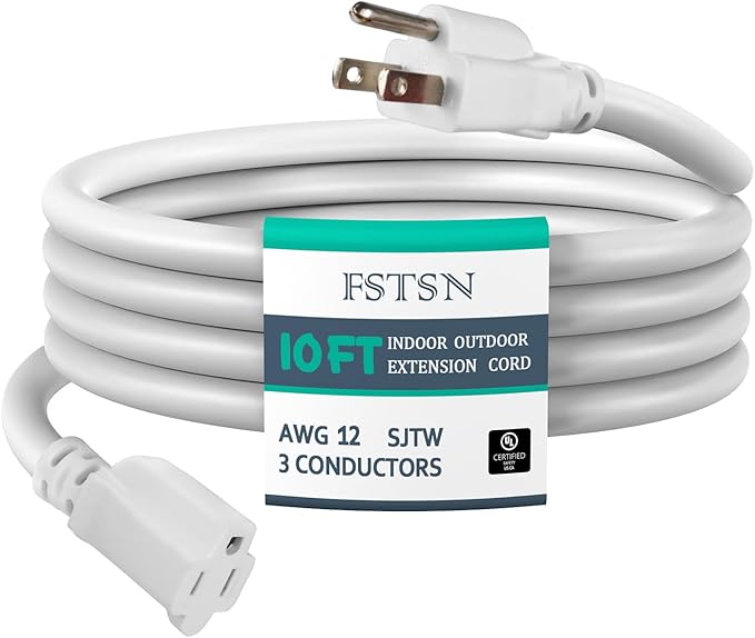 10 ft Heavy Duty Extension Cord - 12/3 SJTW 15 AMP Indoor Power Cord with 3 Prong Grounded Plug for Lawn Mower, Appliances, Workshop, Christmas Lights Water Resistant Flexible Cable White.