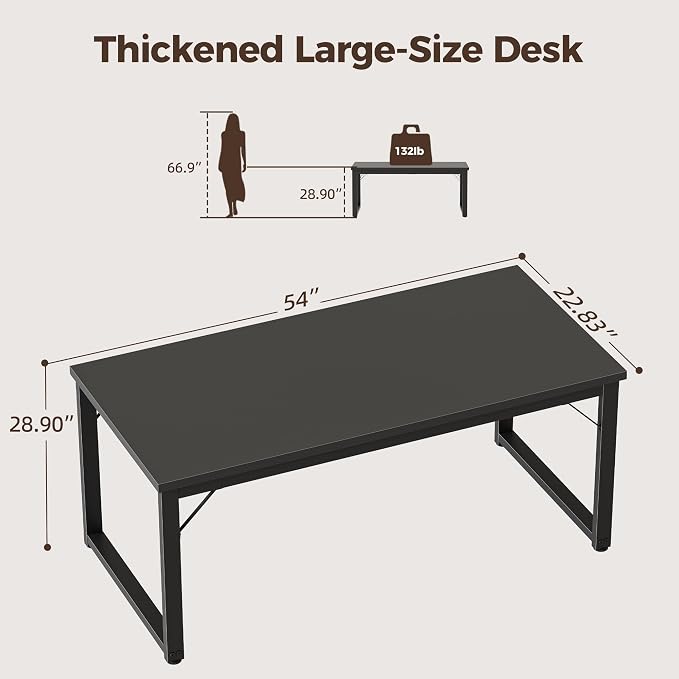 Mericonia 54 Inch Computer Desk, 1" Thick Large Office Table, Black | Modern Simple Style, Heavy Duty Industrial Frame, Study & Writing Table for Home Bedroom Work