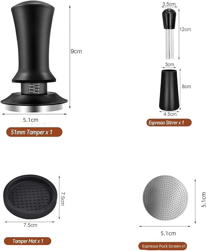 Gmnuiy51mm Coffee Espresso Tamper ，with Stainless Steel Base Tamper ，Silicone Tamper Mat,Black Espresso Distribution Tool， Coffee puck screen