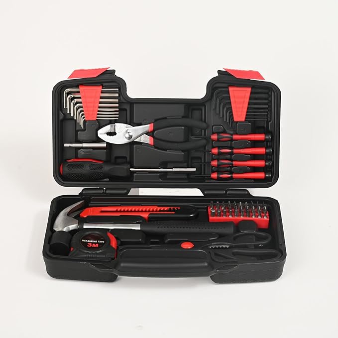 58-Piece Tool Kit Basic Home Repair Tool Set, General Household Hand Tool Kit,Small Tool Kit with Plastic Toolbox Mini Tool kit for Women, Office & College Repairs Red