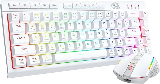 Redragon Wireless Gaming Keyboard and Mouse Combo, 60% Portable, White | Bluetooth/2.4G/USB-C Wired, RGB Backlit, Quiet Rechargeable Macro Membrane Keyboard & 12800 DPI Mouse for Win/MAC